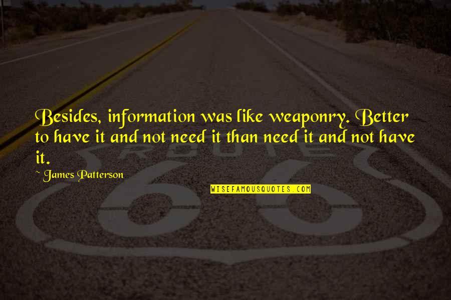 Rinring Quotes By James Patterson: Besides, information was like weaponry. Better to have Rinring Quotes By James Patterson: Besides, information was like weaponry. Better to have