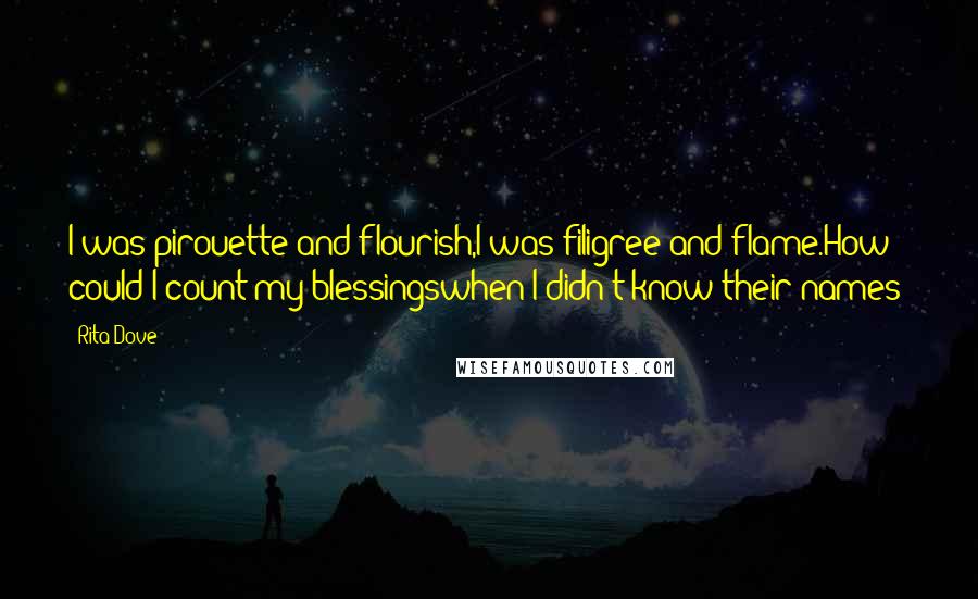 Rita Dove quotes: I was pirouette and flourish,I was filigree and flame.How could I count my blessingswhen I didn't know their names?