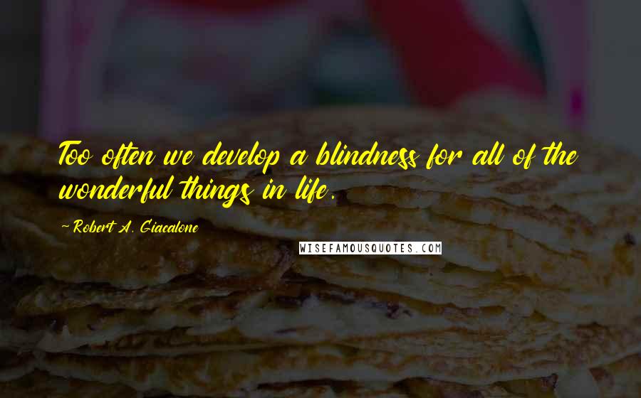 Robert A. Giacalone quotes: Too often we develop a blindness for all of the wonderful things in life.