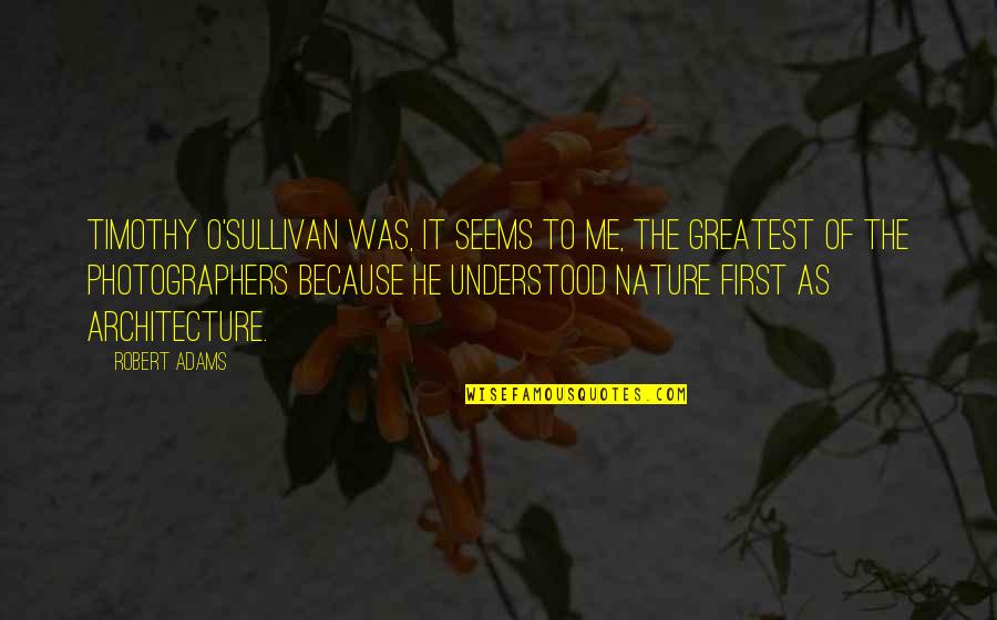 Robert Adams Quotes By Robert Adams: Timothy O'Sullivan was, it seems to me, the Robert Adams Quotes By Robert Adams: Timothy O'Sullivan was, it seems to me, the