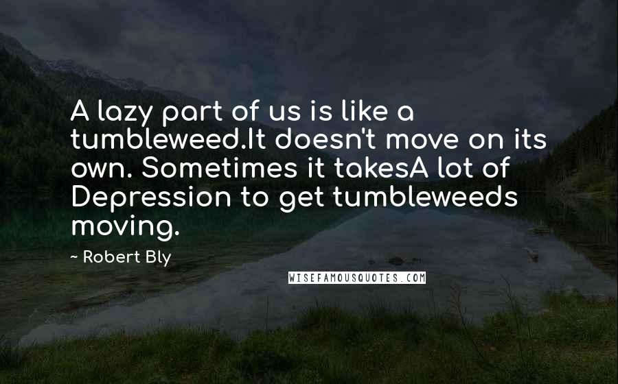 Robert Bly quotes: A lazy part of us is like a tumbleweed.It doesn't move on its own. Sometimes it takesA lot of Depression to get tumbleweeds moving.