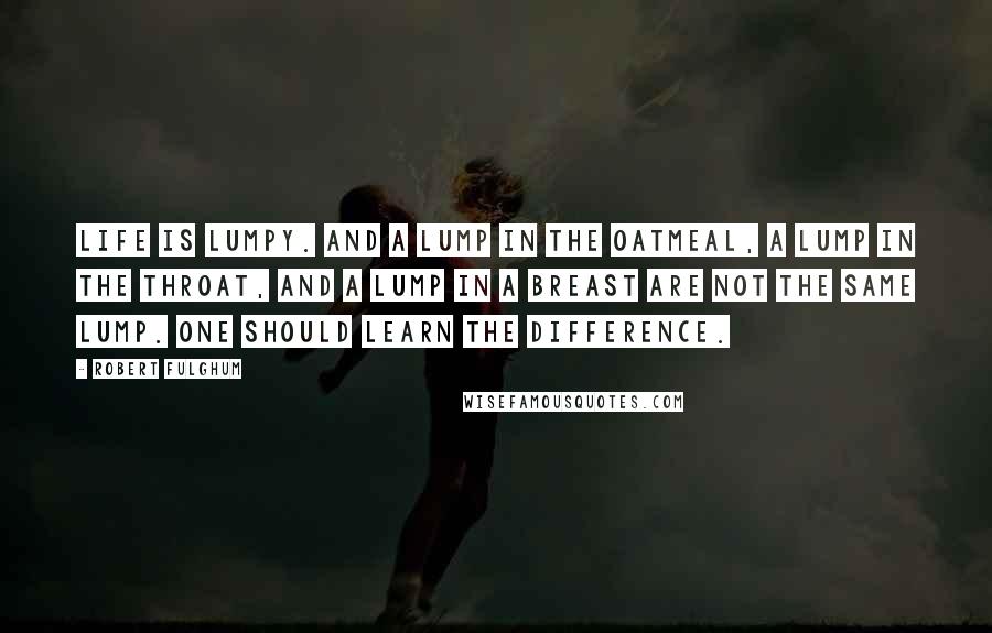 Robert Fulghum quotes: Life is lumpy. And a lump in the oatmeal, a lump in the throat, and a lump in a breast are not the same lump. One should learn the difference. Robert Fulghum quotes: Life is lumpy. And a lump in the oatmeal, a lump in the throat, and a lump in a breast are not the same lump. One should learn the difference.