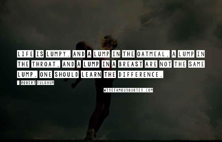 Robert Fulghum quotes: Life is lumpy. And a lump in the oatmeal, a lump in the throat, and a lump in a breast are not the same lump. One should learn the difference.
