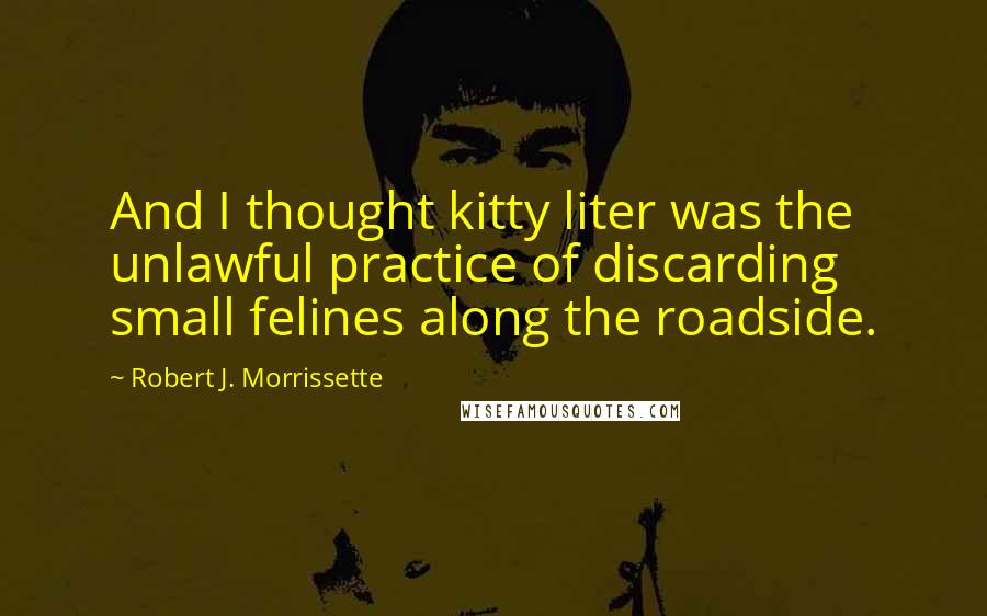 Robert J. Morrissette quotes: And I thought kitty liter was the unlawful practice of discarding small felines along the roadside.