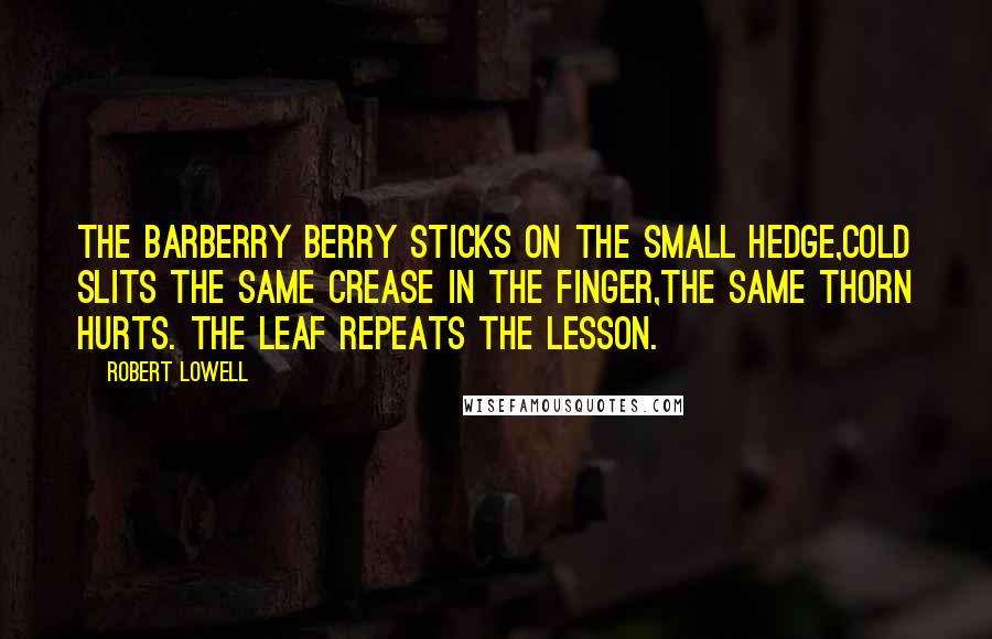 Robert Lowell quotes: The barberry berry sticks on the small hedge,cold slits the same crease in the finger,the same thorn hurts. The leaf repeats the lesson.