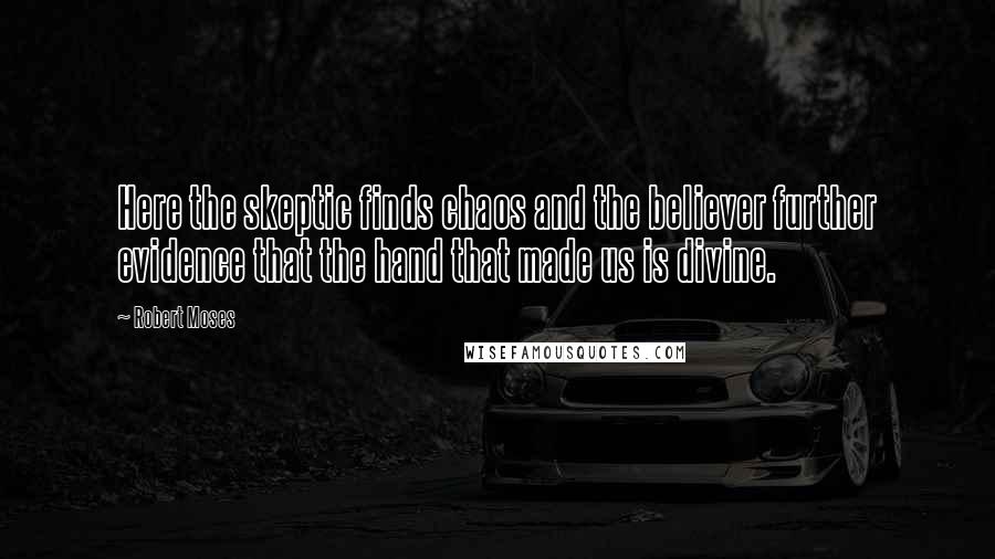 Robert Moses quotes: Here the skeptic finds chaos and the believer further evidence that the hand that made us is divine. Robert Moses quotes: Here the skeptic finds chaos and the believer further evidence that the hand that made us is divine.