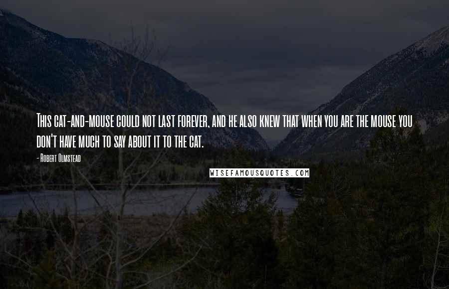 Robert Olmstead quotes: This cat-and-mouse could not last forever, and he also knew that when you are the mouse you don't have much to say about it to the cat.