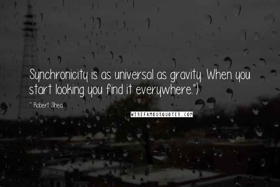 Robert Shea quotes: Synchronicity is as universal as gravity. When you start looking you find it everywhere.")