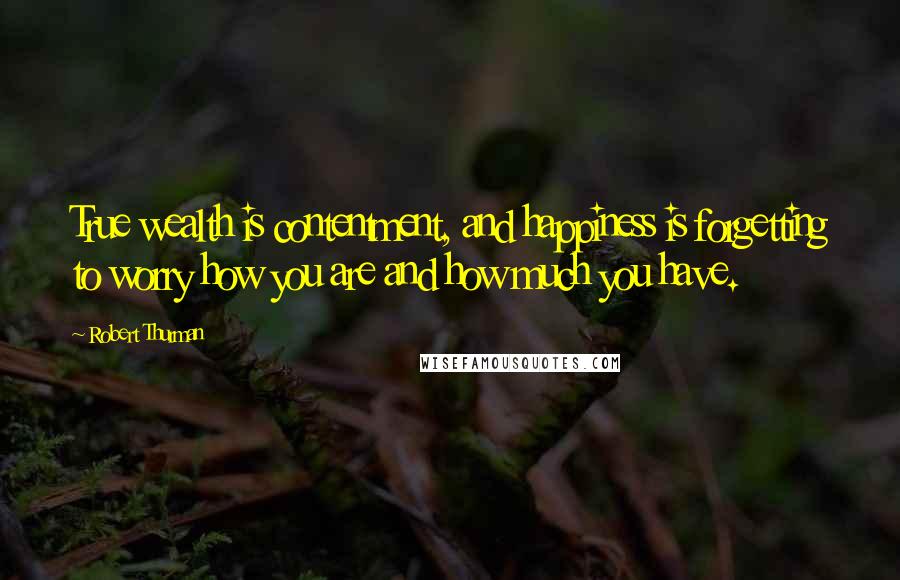 Robert Thurman quotes: True wealth is contentment, and happiness is forgetting to worry how you are and how much you have.