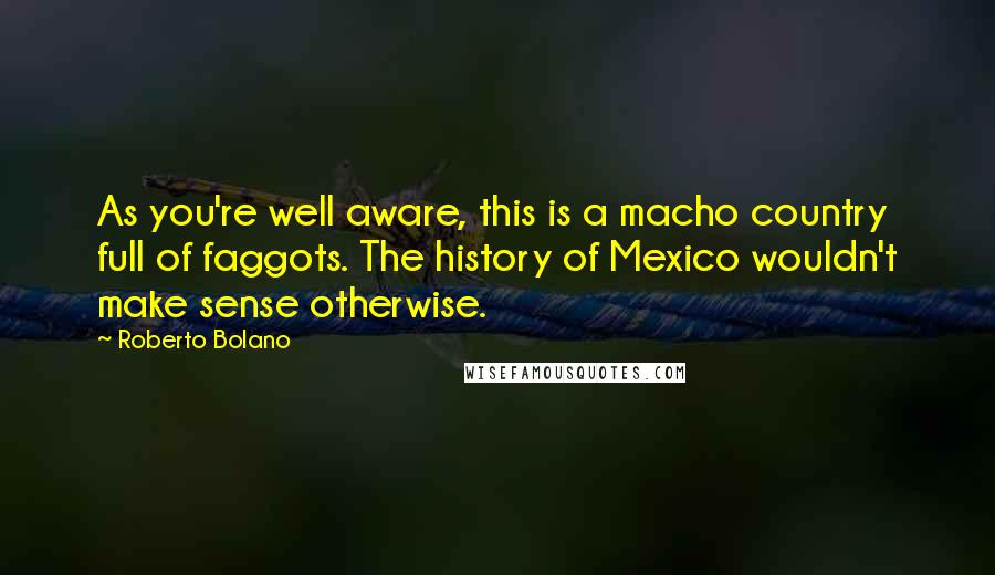 Roberto Bolano quotes: As you're well aware, this is a macho country full of faggots. The history of Mexico wouldn't make sense otherwise. Roberto Bolano quotes: As you're well aware, this is a macho country full of faggots. The history of Mexico wouldn't make sense otherwise.