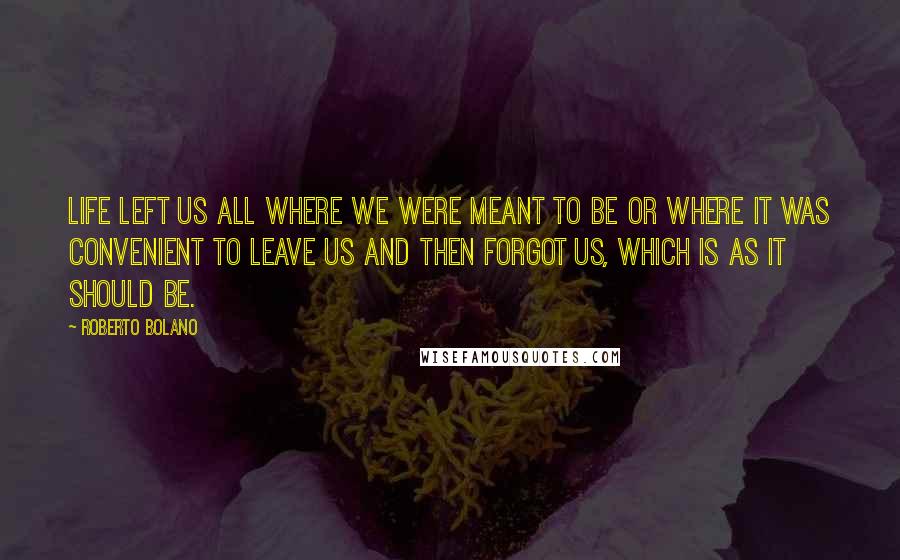 Roberto Bolano quotes: Life left us all where we were meant to be or where it was convenient to leave us and then forgot us, which is as it should be. Roberto Bolano quotes: Life left us all where we were meant to be or where it was convenient to leave us and then forgot us, which is as it should be.
