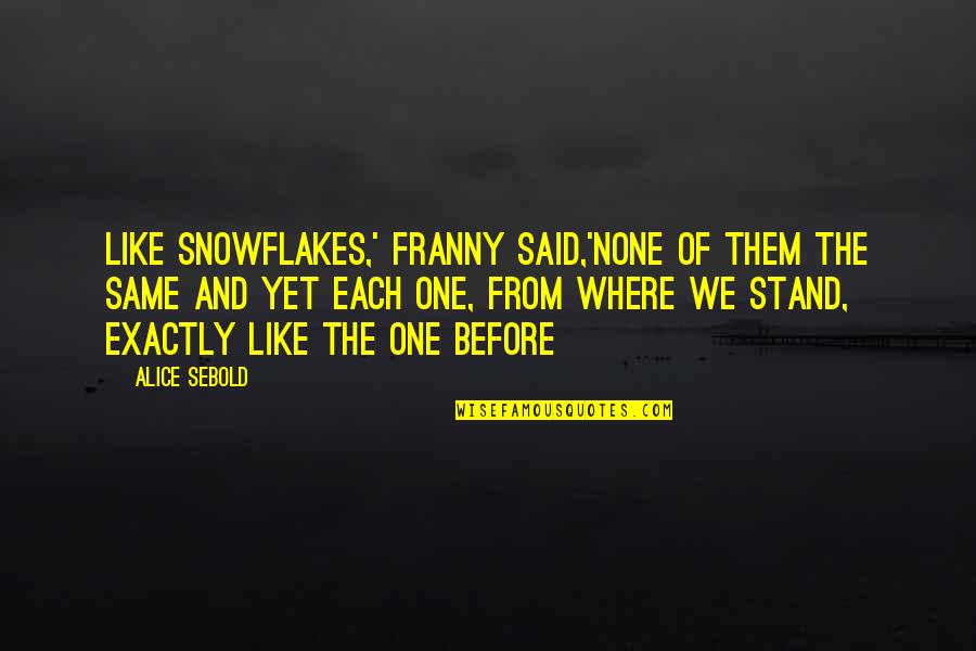Rocchio Kiley Quotes By Alice Sebold: Like snowflakes,' Franny said,'none of them the same Rocchio Kiley Quotes By Alice Sebold: Like snowflakes,' Franny said,'none of them the same