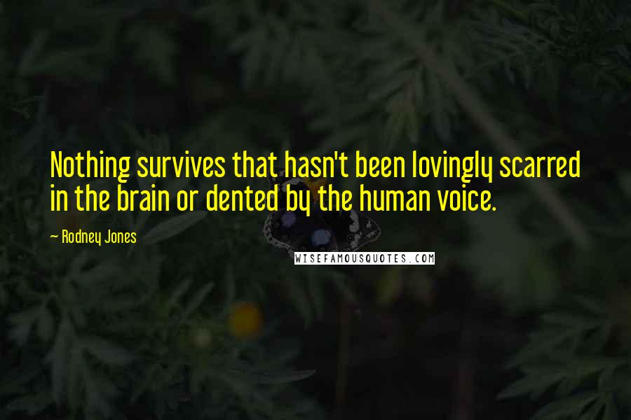 Rodney Jones quotes: Nothing survives that hasn't been lovingly scarred in the brain or dented by the human voice.