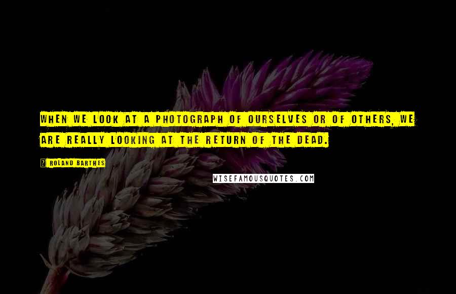 Roland Barthes quotes: When we look at a photograph of ourselves or of others, we are really looking at the return of the dead.