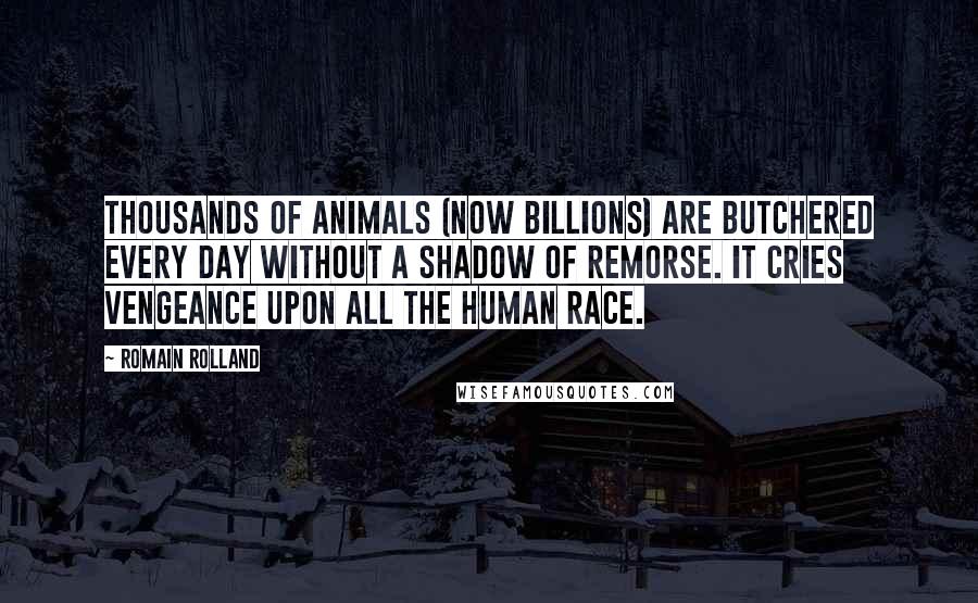 Romain Rolland quotes: Thousands of animals (now billions) are butchered every day without a shadow of remorse. It cries vengeance upon all the human race.