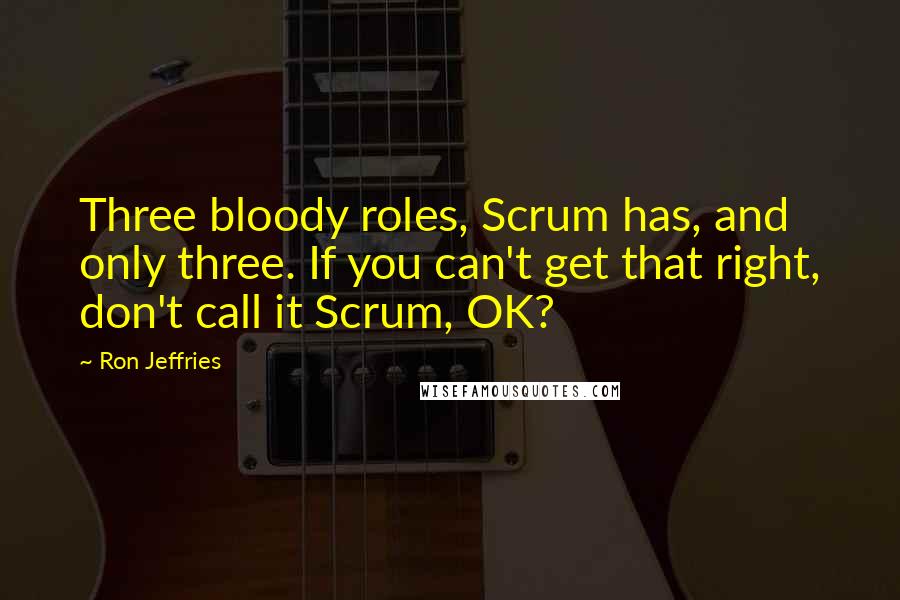 Ron Jeffries quotes: Three bloody roles, Scrum has, and only three. If you can't get that right, don't call it Scrum, OK? Ron Jeffries quotes: Three bloody roles, Scrum has, and only three. If you can't get that right, don't call it Scrum, OK?