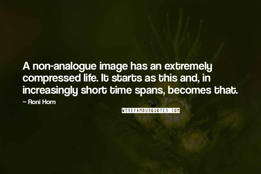 Roni Horn quotes: A non-analogue image has an extremely compressed life. It starts as this and, in increasingly short time spans, becomes that.