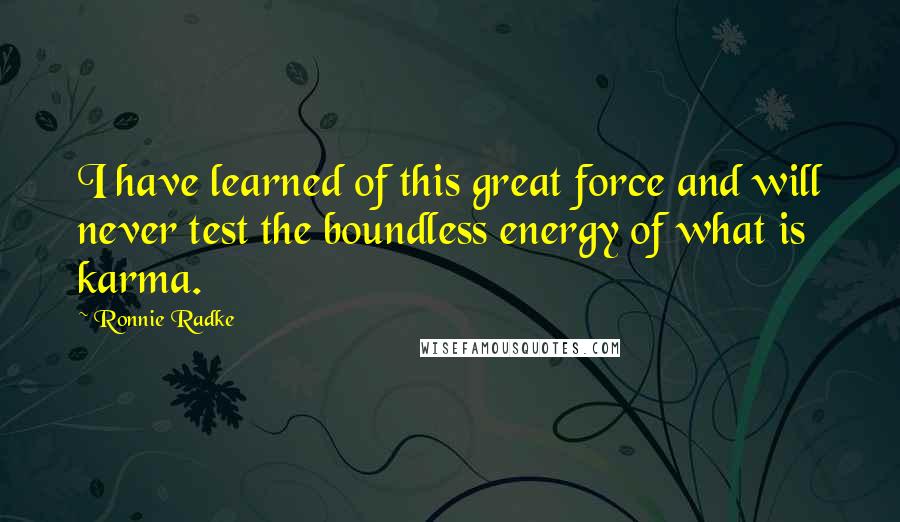 Ronnie Radke quotes: I have learned of this great force and will never test the boundless energy of what is karma.