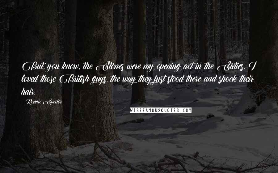 Ronnie Spector quotes: But, you know, the Stones were my opening act in the Sixties. I loved those British guys, the way they just stood there and shook their hair.