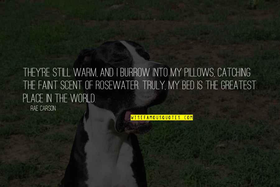 Rosewater Quotes By Rae Carson: They're still warm, and I burrow into my