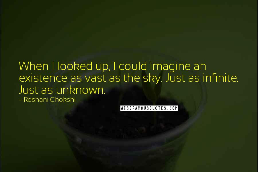 Roshani Chokshi quotes: When I looked up, I could imagine an existence as vast as the sky. Just as infinite. Just as unknown.