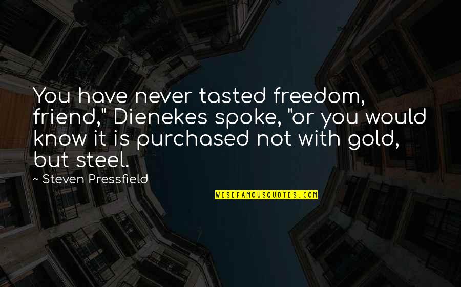 Rouchy Quotes By Steven Pressfield: You have never tasted freedom, friend," Dienekes spoke,