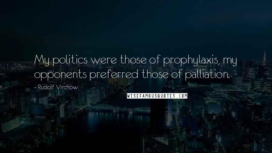 Rudolf Virchow quotes: My politics were those of prophylaxis, my opponents preferred those of palliation.