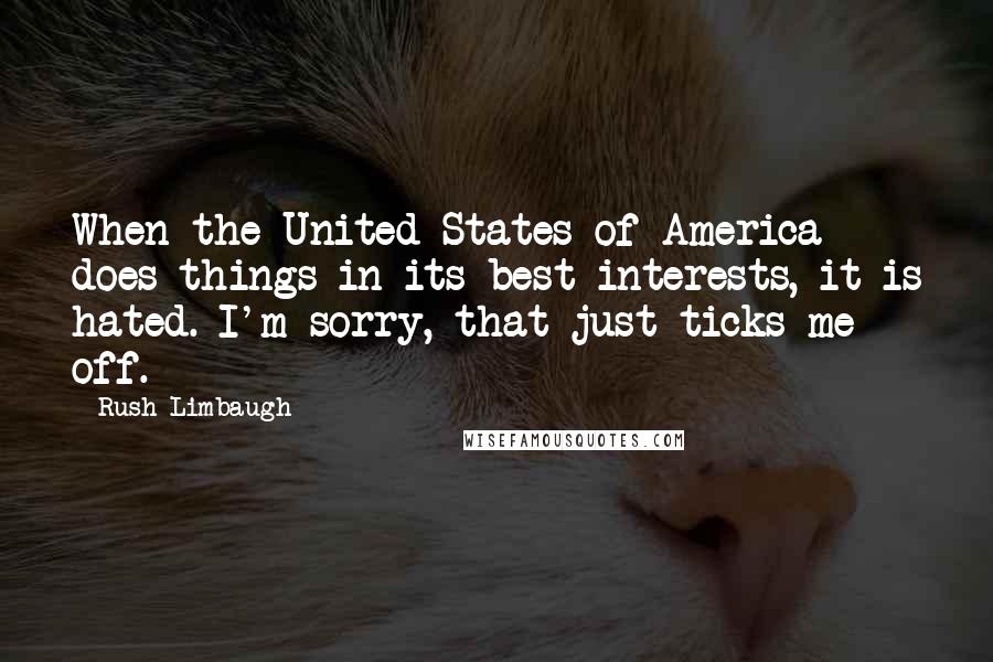 Rush Limbaugh quotes: When the United States of America does things in its best interests, it is hated. I'm sorry, that just ticks me off.