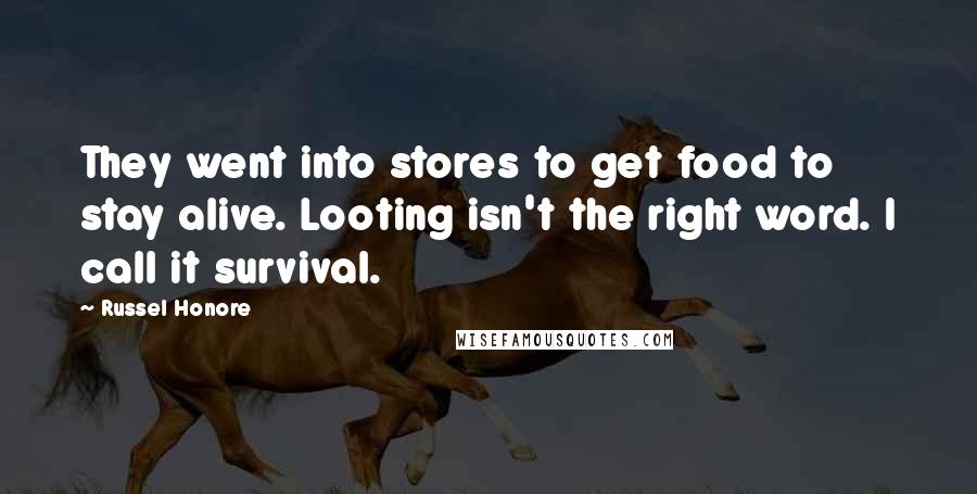 Russel Honore quotes: They went into stores to get food to stay alive. Looting isn't the right word. I call it survival.