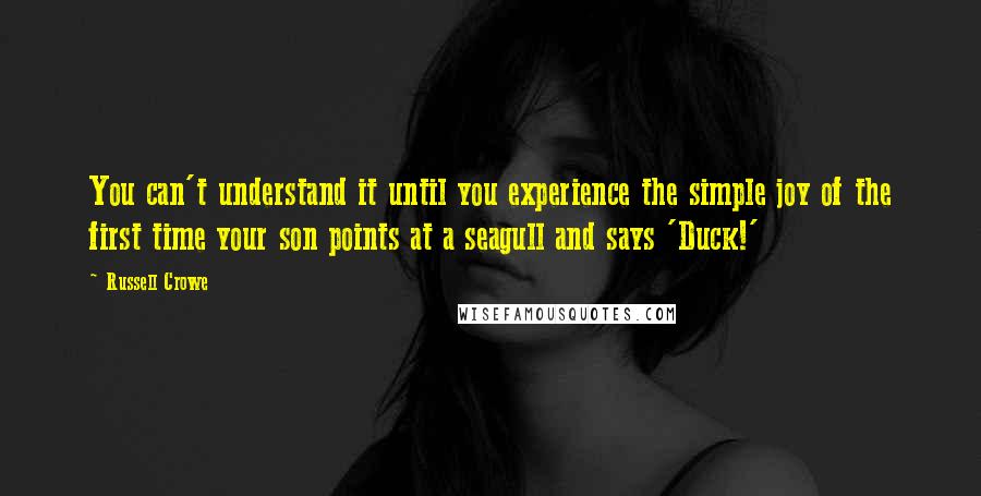Russell Crowe quotes: You can't understand it until you experience the simple joy of the first time your son points at a seagull and says 'Duck!' Russell Crowe quotes: You can't understand it until you experience the simple joy of the first time your son points at a seagull and says 'Duck!'