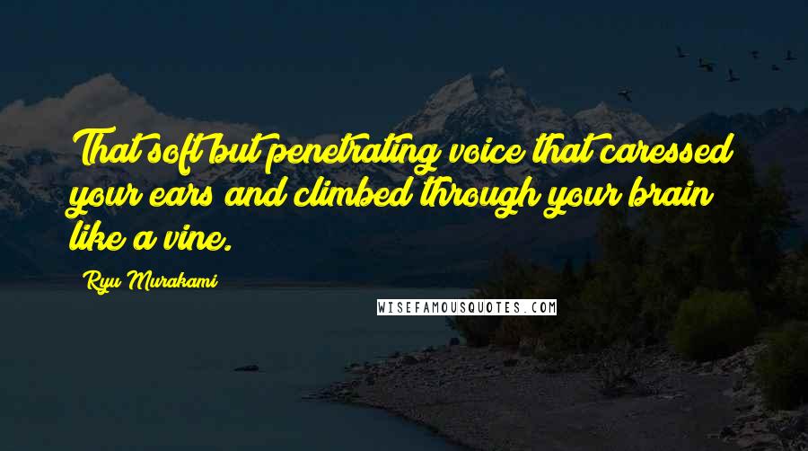 Ryu Murakami quotes: That soft but penetrating voice that caressed your ears and climbed through your brain like a vine.