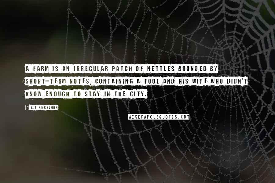 S.J Perelman quotes: A farm is an irregular patch of nettles bounded by short-term notes, containing a fool and his wife who didn't know enough to stay in the city.