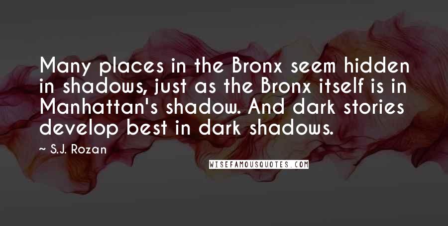S.J. Rozan quotes: Many places in the Bronx seem hidden in shadows, just as the Bronx itself is in Manhattan's shadow. And dark stories develop best in dark shadows.