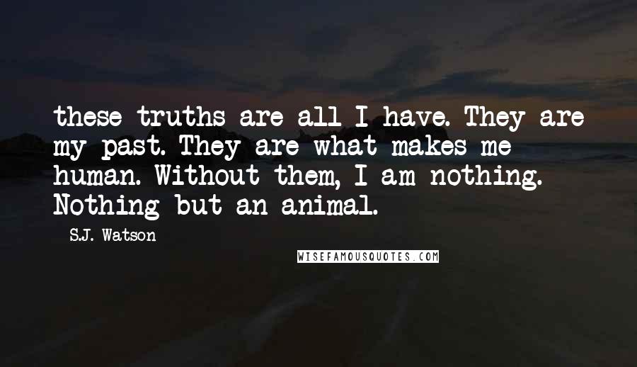 S.J. Watson quotes: these truths are all I have. They are my past. They are what makes me human. Without them, I am nothing. Nothing but an animal. S.J. Watson quotes: these truths are all I have. They are my past. They are what makes me human. Without them, I am nothing. Nothing but an animal.