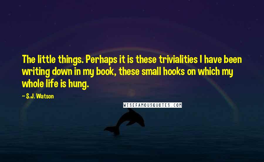 S.J. Watson quotes: The little things. Perhaps it is these trivialities I have been writing down in my book, these small hooks on which my whole life is hung. S.J. Watson quotes: The little things. Perhaps it is these trivialities I have been writing down in my book, these small hooks on which my whole life is hung.