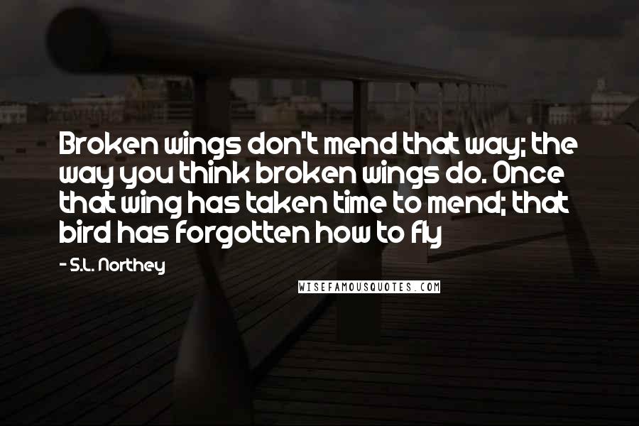 S.L. Northey quotes: Broken wings don't mend that way; the way you think broken wings do. Once that wing has taken time to mend; that bird has forgotten how to fly