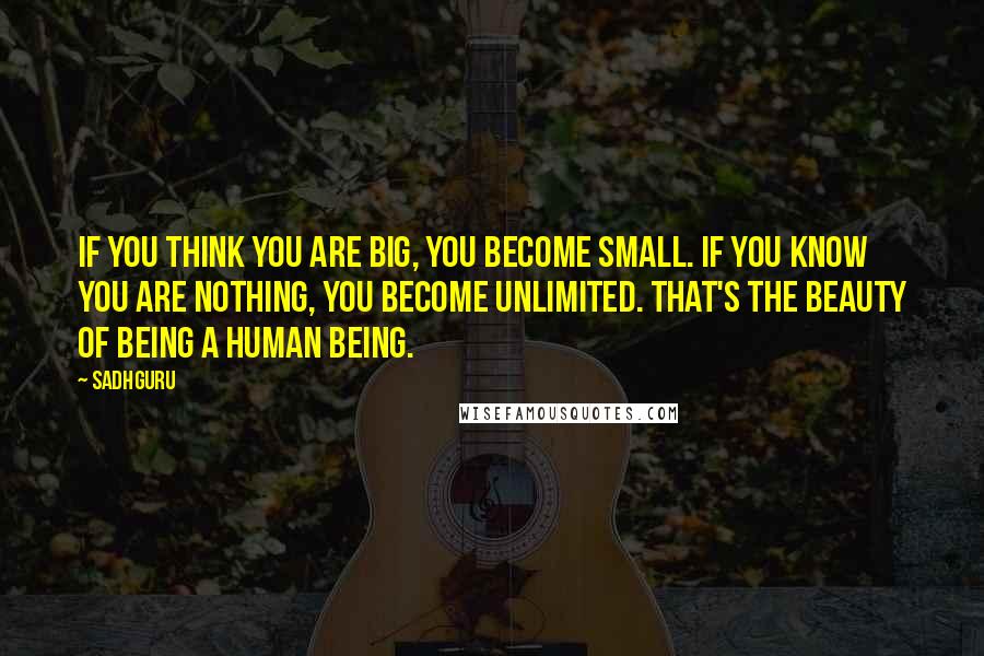 Sadhguru quotes: If you think you are big, you become small. If you know you are nothing, you become unlimited. That's the beauty of being a human being.