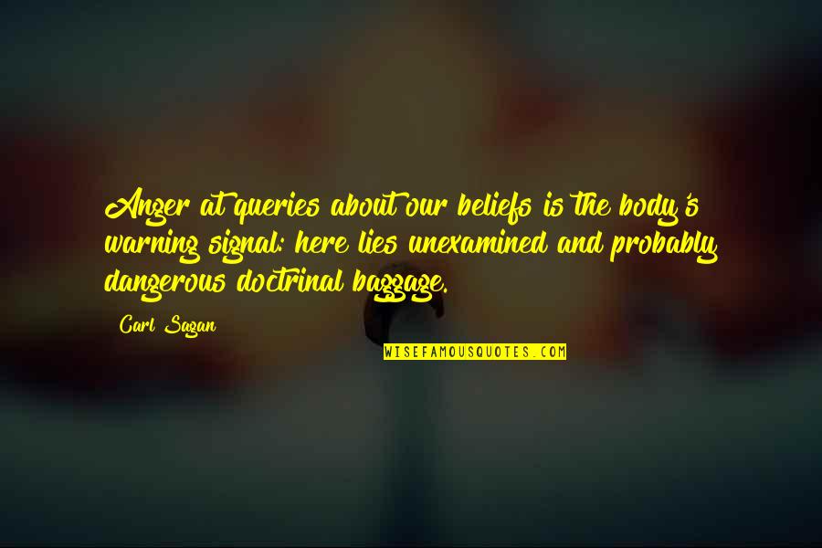 Sagan's Quotes By Carl Sagan: Anger at queries about our beliefs is the