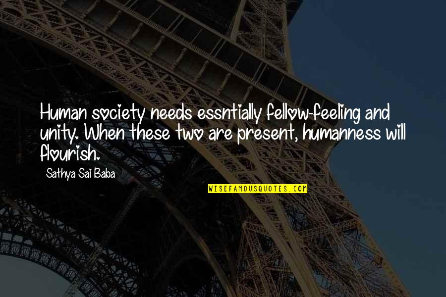 Sai Baba Sathya Quotes By Sathya Sai Baba: Human society needs essntially fellow-feeling and unity. When Sai Baba Sathya Quotes By Sathya Sai Baba: Human society needs essntially fellow-feeling and unity. When
