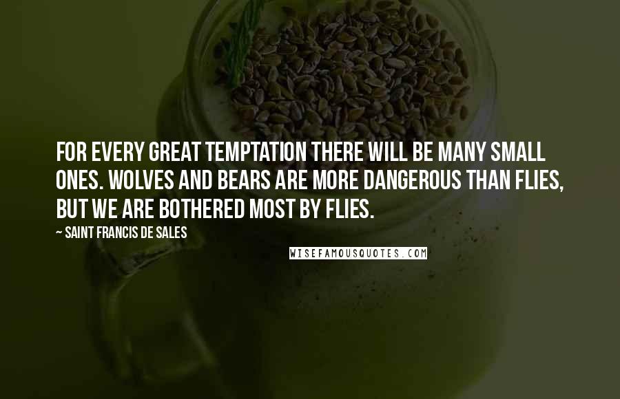 Saint Francis De Sales quotes: For every great temptation there will be many small ones. Wolves and bears are more dangerous than flies, but we are bothered most by flies.