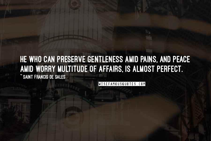 Saint Francis De Sales quotes: He who can preserve gentleness amid pains, and peace amid worry multitude of affairs, is almost perfect.