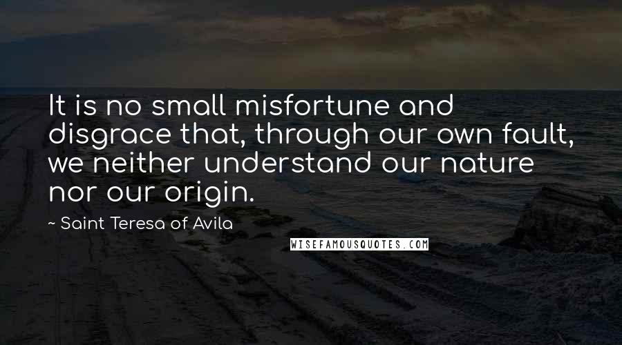 Saint Teresa Of Avila quotes: It is no small misfortune and disgrace that, through our own fault, we neither understand our nature nor our origin. Saint Teresa Of Avila quotes: It is no small misfortune and disgrace that, through our own fault, we neither understand our nature nor our origin.