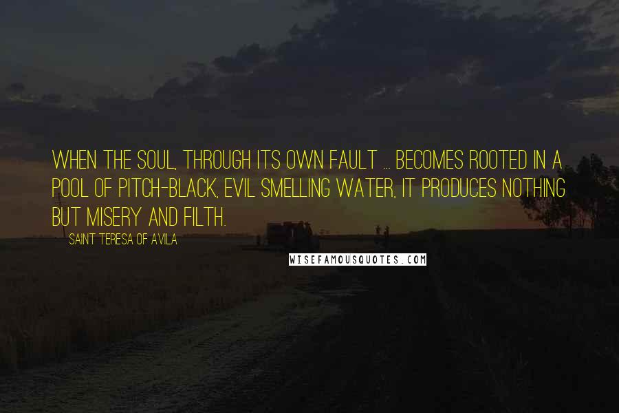 Saint Teresa Of Avila quotes: When the soul, through its own fault ... becomes rooted in a pool of pitch-black, evil smelling water, it produces nothing but misery and filth. Saint Teresa Of Avila quotes: When the soul, through its own fault ... becomes rooted in a pool of pitch-black, evil smelling water, it produces nothing but misery and filth.
