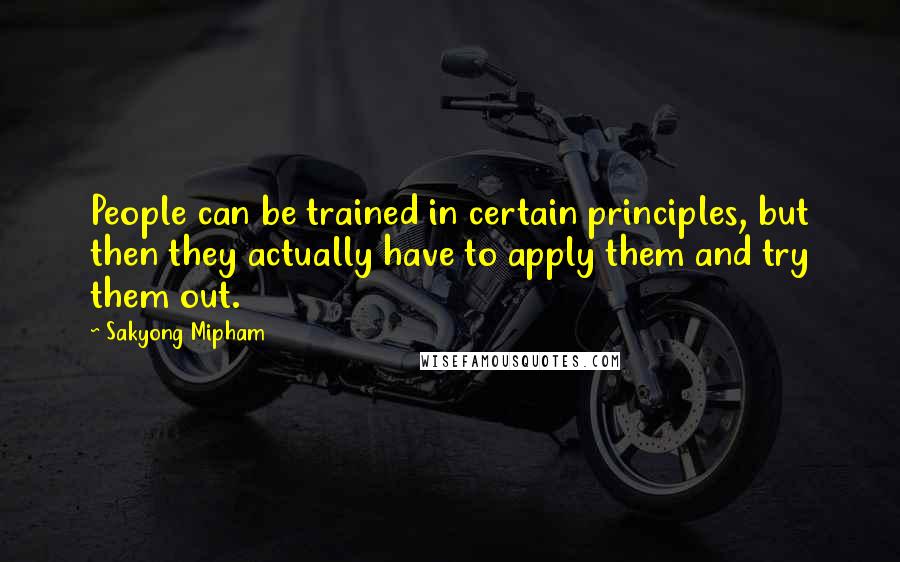 Sakyong Mipham quotes: People can be trained in certain principles, but then they actually have to apply them and try them out. Sakyong Mipham quotes: People can be trained in certain principles, but then they actually have to apply them and try them out.