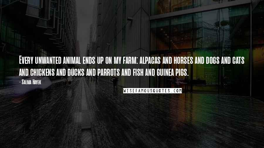 Salma Hayek quotes: Every unwanted animal ends up on my farm: alpacas and horses and dogs and cats and chickens and ducks and parrots and fish and guinea pigs. Salma Hayek quotes: Every unwanted animal ends up on my farm: alpacas and horses and dogs and cats and chickens and ducks and parrots and fish and guinea pigs.