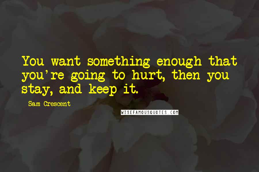 Sam Crescent quotes: You want something enough that you're going to hurt, then you stay, and keep it.