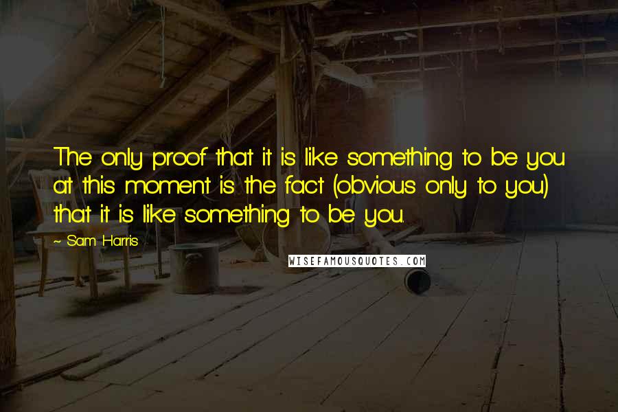 Sam Harris quotes: The only proof that it is like something to be you at this moment is the fact (obvious only to you) that it is like something to be you. Sam Harris quotes: The only proof that it is like something to be you at this moment is the fact (obvious only to you) that it is like something to be you.