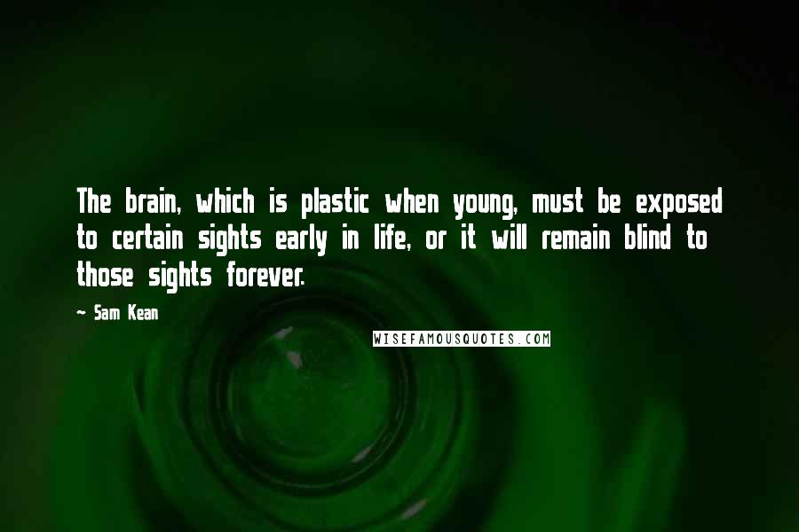 Sam Kean quotes: The brain, which is plastic when young, must be exposed to certain sights early in life, or it will remain blind to those sights forever.