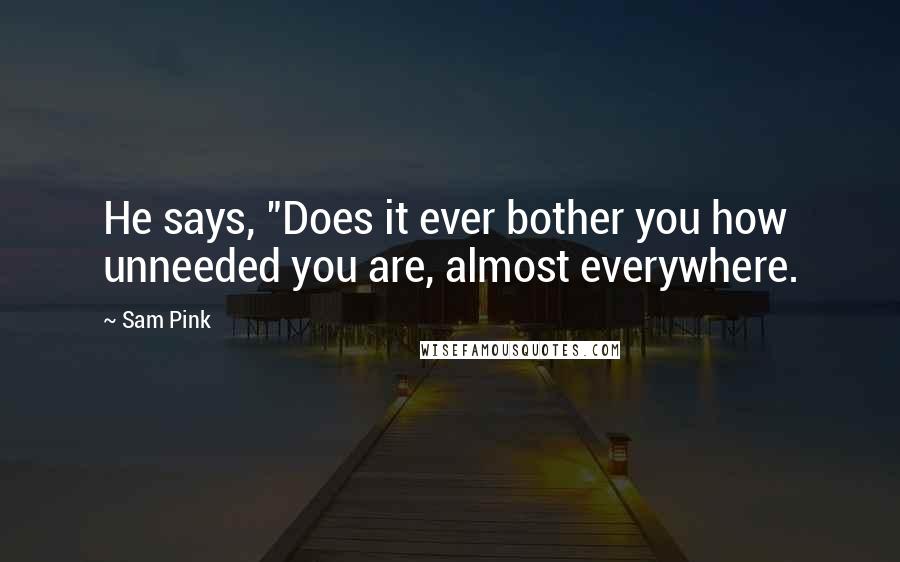 Sam Pink quotes: He says, "Does it ever bother you how unneeded you are, almost everywhere.