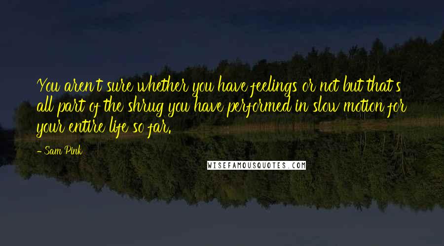 Sam Pink quotes: You aren't sure whether you have feelings or not but that's all part of the shrug you have performed in slow motion for your entire life so far. Sam Pink quotes: You aren't sure whether you have feelings or not but that's all part of the shrug you have performed in slow motion for your entire life so far.